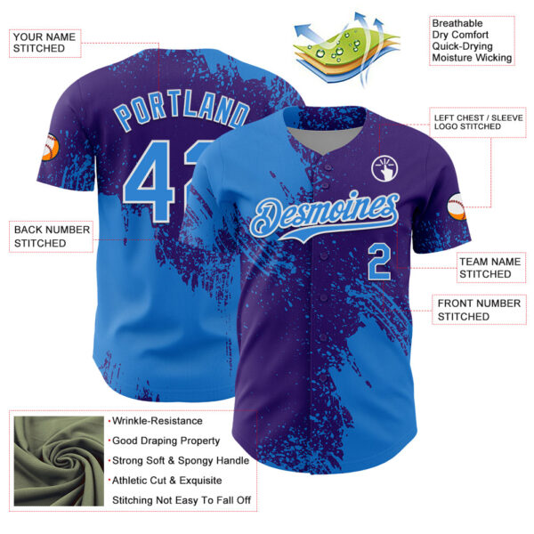 Custom Electric Blue Purple-White 3D Pattern Design Abstract Brush Stroke Authentic Baseball Jersey