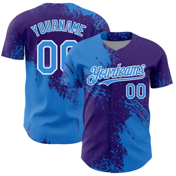 Custom Electric Blue Purple-White 3D Pattern Design Abstract Brush Stroke Authentic Baseball Jersey