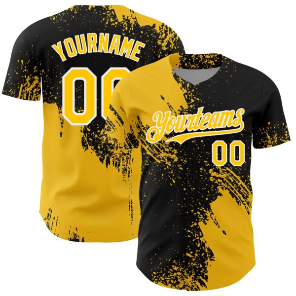 Custom Yellow Black-White 3D Pattern Design Abstract Brush Stroke Authentic Baseball Jersey