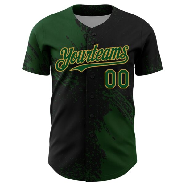 Custom Green Black-Old Gold 3D Pattern Design Abstract Brush Stroke Authentic Baseball Jersey