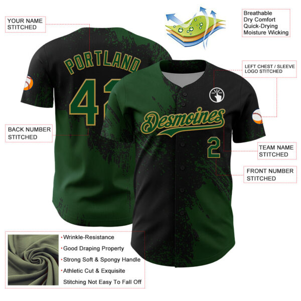 Custom Green Black-Old Gold 3D Pattern Design Abstract Brush Stroke Authentic Baseball Jersey