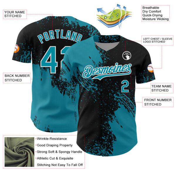 Custom Teal Black-White 3D Pattern Design Abstract Brush Stroke Authentic Baseball Jersey