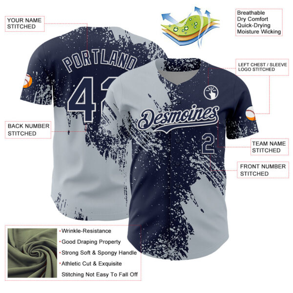 Custom Silver Navy-White 3D Pattern Design Abstract Brush Stroke Authentic Baseball Jersey