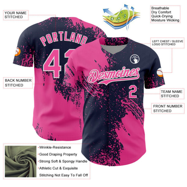 Custom Pink Navy-White 3D Pattern Design Abstract Brush Stroke Authentic Baseball Jersey
