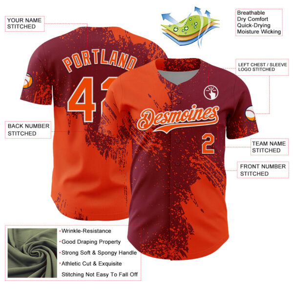 Custom Orange Crimson-White 3D Pattern Design Abstract Brush Stroke Authentic Baseball Jersey
