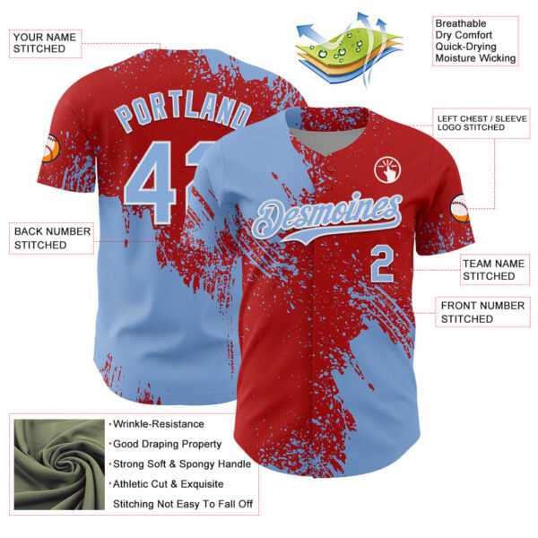 Custom Light Blue Red-White 3D Pattern Design Abstract Brush Stroke Authentic Baseball Jersey