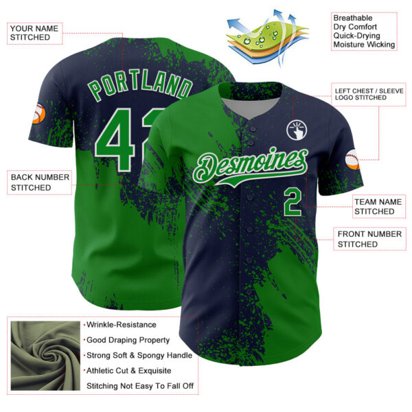 Custom Grass Green Navy-White 3D Pattern Design Abstract Brush Stroke Authentic Baseball Jersey