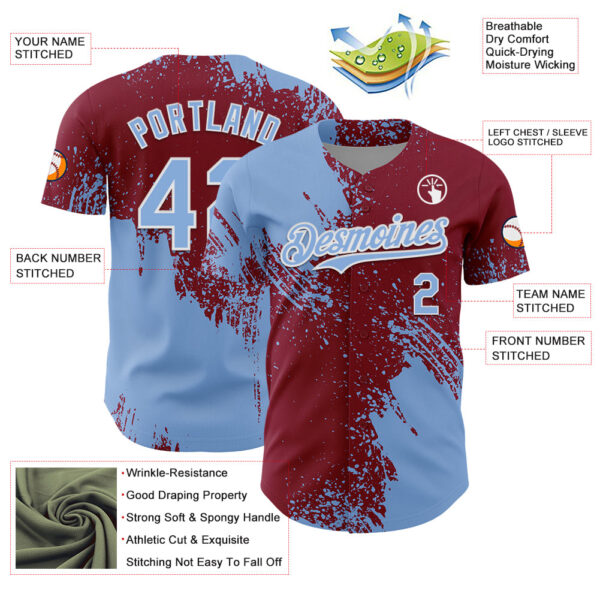 Custom Light Blue Crimson-White 3D Pattern Design Abstract Brush Stroke Authentic Baseball Jersey