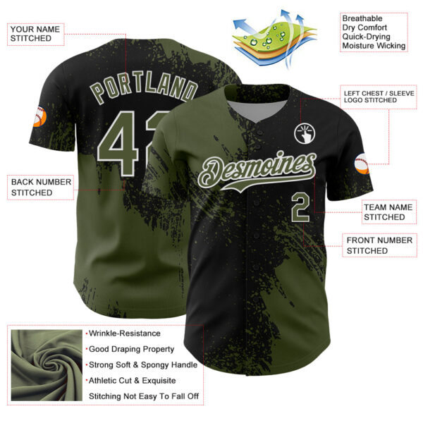 Custom Olive Black-White 3D Pattern Design Abstract Brush Stroke Authentic Baseball Jersey