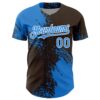 Custom Electric Blue Brown-White 3D Pattern Design Abstract Brush Stroke Authentic Baseball Jersey