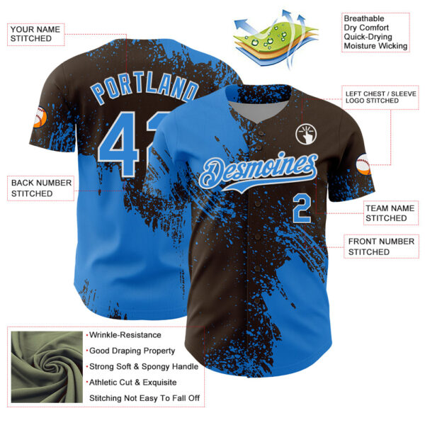 Custom Electric Blue Brown-White 3D Pattern Design Abstract Brush Stroke Authentic Baseball Jersey