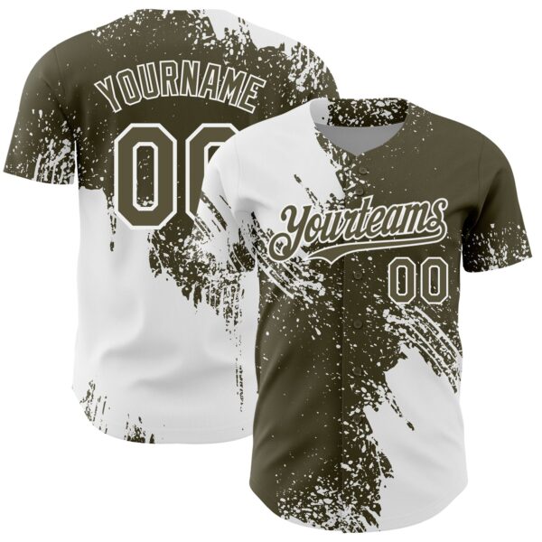 Custom White Olive 3D Pattern Design Abstract Brush Stroke Authentic Baseball Jersey