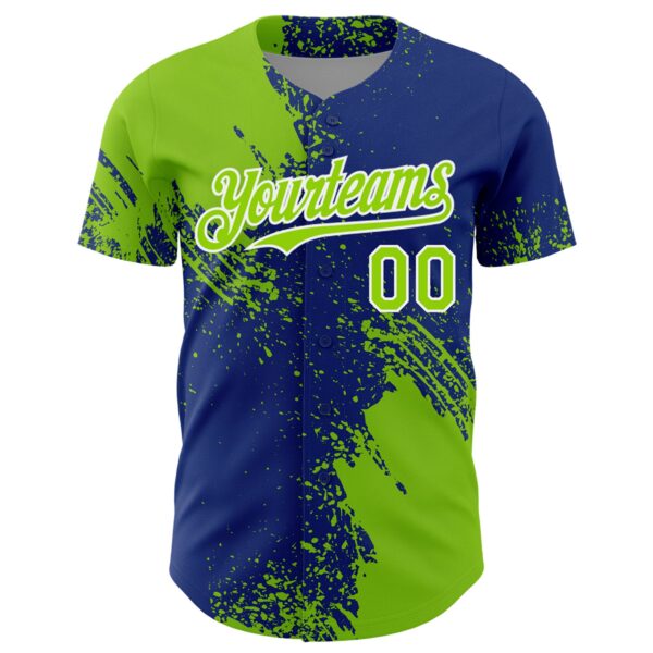 Custom Neon Green Royal-White 3D Pattern Design Abstract Brush Stroke Authentic Baseball Jersey