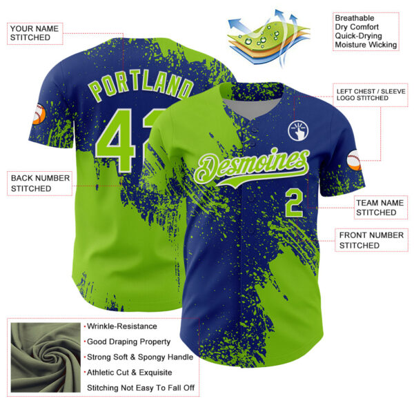 Custom Neon Green Royal-White 3D Pattern Design Abstract Brush Stroke Authentic Baseball Jersey