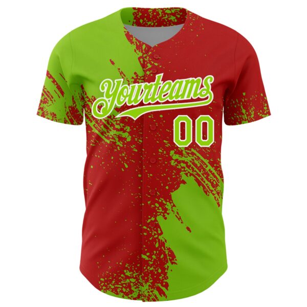 Custom Neon Green Red-White 3D Pattern Design Abstract Brush Stroke Authentic Baseball Jersey