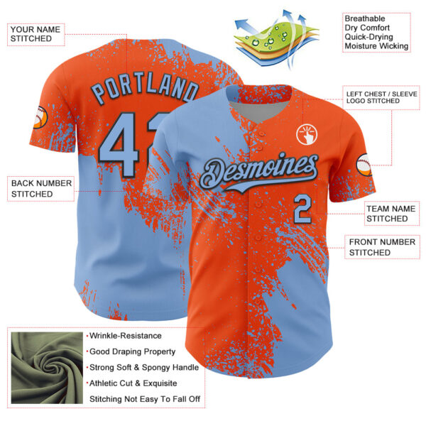 Custom Light Blue Orange-Black 3D Pattern Design Abstract Brush Stroke Authentic Baseball Jersey