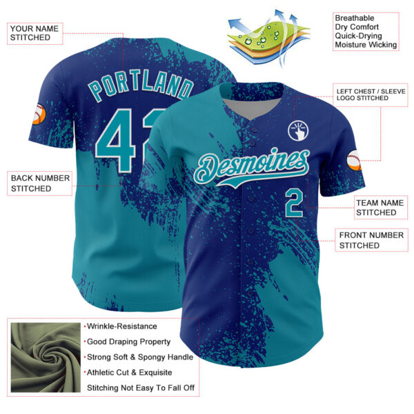 Custom Teal Royal-White 3D Pattern Design Abstract Brush Stroke Authentic Baseball Jersey