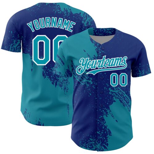 Custom Teal Royal-White 3D Pattern Design Abstract Brush Stroke Authentic Baseball Jersey
