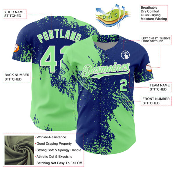 Custom Pea Green Royal-White 3D Pattern Design Abstract Brush Stroke Authentic Baseball Jersey