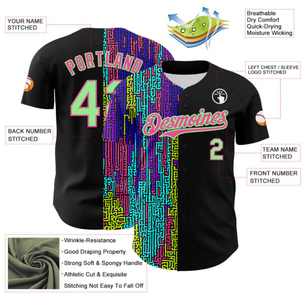 Custom Black Pea Green-Pink 3D Pattern Design Rave Psychedelic Neon Fluid Art Authentic Baseball Jersey