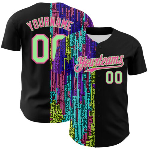 3DPattern7161 Custom Black Pea Green-Pink 3D Pattern Design Rave Psychedelic Neon Fluid Art Authentic Baseball Jersey