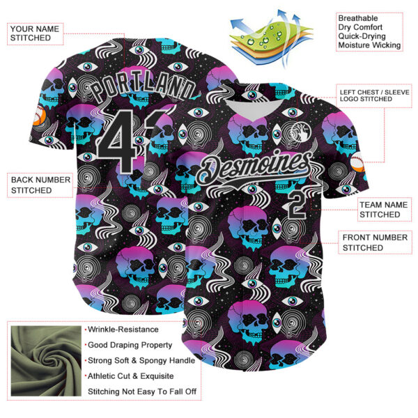 Custom Black White 3D Pattern Design Rave Psychedelic Skull Authentic Baseball Jersey