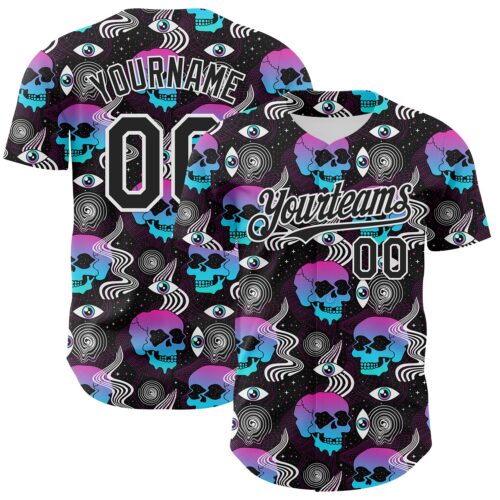3DPattern7169 Custom Black White 3D Pattern Design Rave Psychedelic Skull Authentic Baseball Jersey