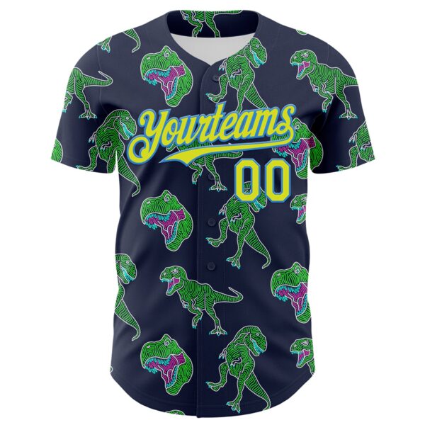 Custom Navy Neon Yellow-Electric Blue 3D Pattern Design Rave Psychedelic Neon Dinosaur Authentic Baseball Jersey