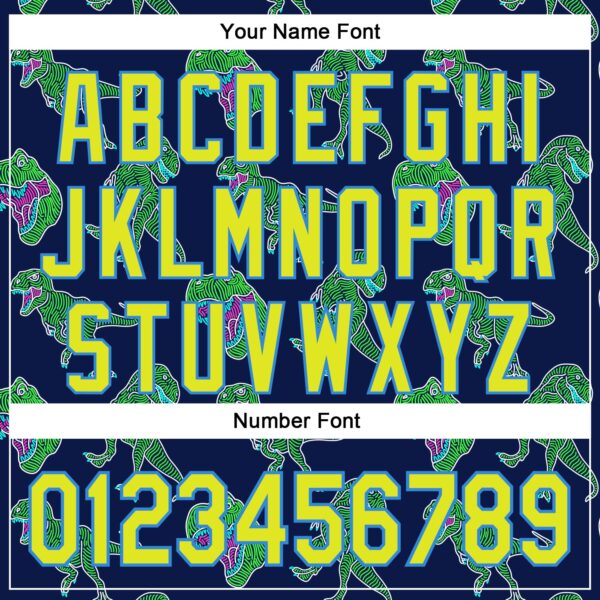Custom Navy Neon Yellow-Electric Blue 3D Pattern Design Rave Psychedelic Neon Dinosaur Authentic Baseball Jersey