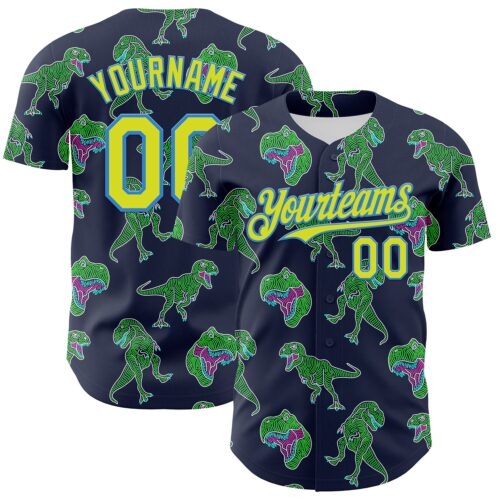 3DPattern7174 Custom Navy Neon Yellow-Electric Blue 3D Pattern Design Rave Psychedelic Neon Dinosaur Authentic Baseball Jersey