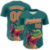 Custom Teal Orange-White 3D Pattern Design Rave Psychedelic Dinosaur Authentic Baseball Jersey