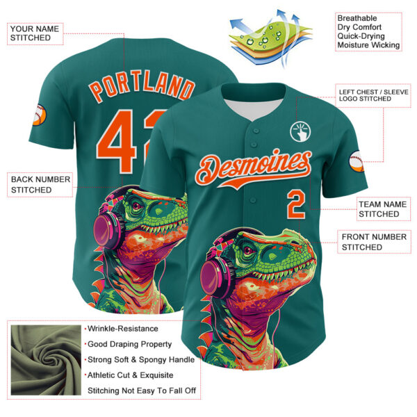 Custom Teal Orange-White 3D Pattern Design Rave Psychedelic Dinosaur Authentic Baseball Jersey