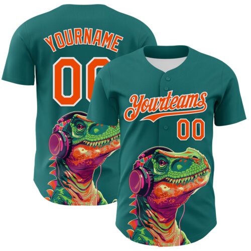 Custom Teal Orange-White 3D Pattern Design Rave Psychedelic Dinosaur Authentic Baseball Jersey