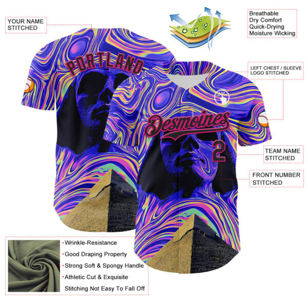 Custom Purple Black-Hot Pink 3D Pattern Design Rave Psychedelic Fluid Art Pyramid Authentic Baseball Jersey