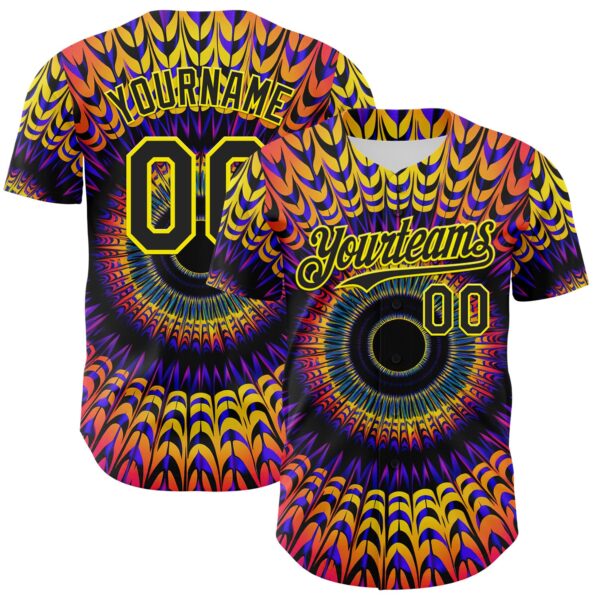 Custom Black Light Yellow 3D Pattern Design Rave Psychedelic Fractal Style Authentic Baseball Jersey