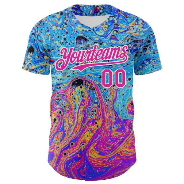 Custom Electric Blue Deep Pink-White 3D Pattern Design Rave Psychedelic Fluid Art Authentic Baseball Jersey