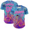 Custom Electric Blue Deep Pink-White 3D Pattern Design Rave Psychedelic Fluid Art Authentic Baseball Jersey