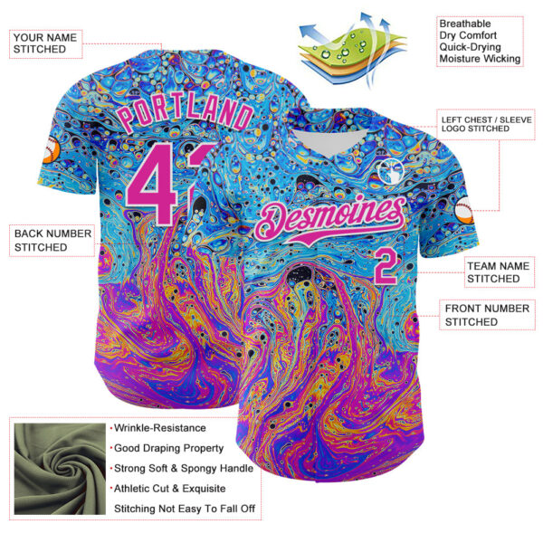 Custom Electric Blue Deep Pink-White 3D Pattern Design Rave Psychedelic Fluid Art Authentic Baseball Jersey