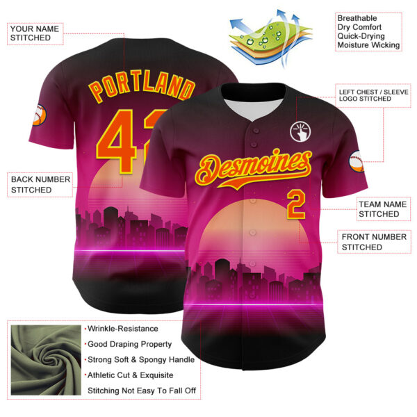 Custom Purple Orange-Light Yellow 3D Pattern Design Rave Psychedelic Futuristic Music Authentic Baseball Jersey