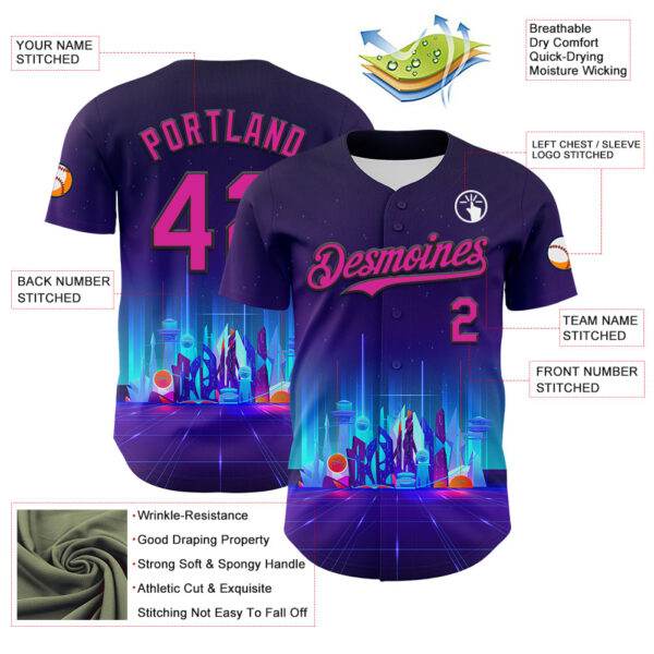 Custom Navy Deep Pink-Black 3D Pattern Design Rave Psychedelic Futuristic City Authentic Baseball Jersey