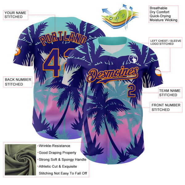 Custom Dark Purple Bay Orange 3D Pattern Design Rave Psychedelic Tropical Palm Tree Authentic Baseball Jersey