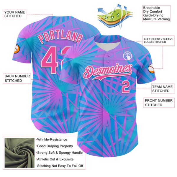 Custom Electric Blue Pink-White 3D Pattern Design Rave Psychedelic Tropical Palm Leaves Authentic Baseball Jersey