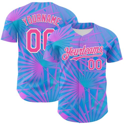 3DPattern7198 Custom Electric Blue Pink-White 3D Pattern Design Rave Psychedelic Tropical Palm Leaves Authentic Baseball Jersey