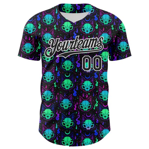Custom Black White 3D Pattern Design Rave Psychedelic Neon Cat Skull Authentic Baseball Jersey