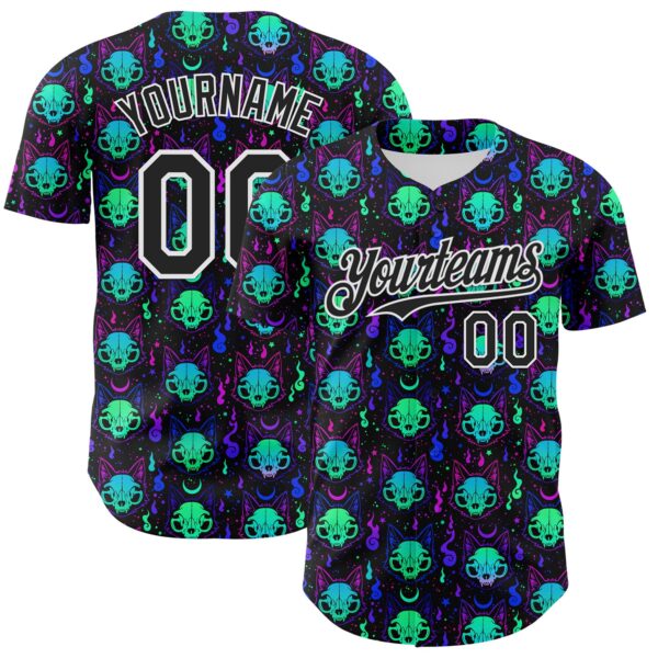 Custom Black White 3D Pattern Design Rave Psychedelic Neon Cat Skull Authentic Baseball Jersey