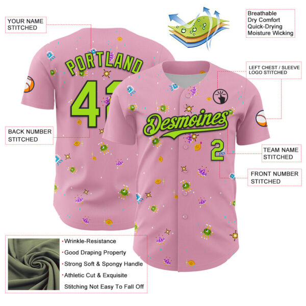 Custom Light Pink Neon Green-Black 3D Pattern Design Retro Pixel Arcade Game Authentic Baseball Jersey