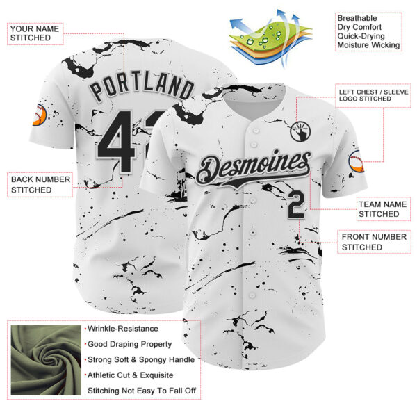 Custom White Black 3D Pattern Design Graffiti Splash Ink Authentic Baseball Jersey