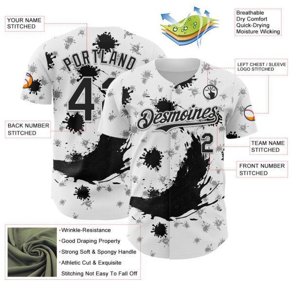 Custom White Black 3D Pattern Design Graffiti Splash Ink Authentic Baseball Jersey