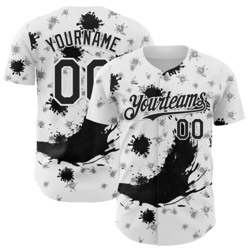 Custom White Black 3D Pattern Design Graffiti Splash Ink Authentic Baseball Jersey