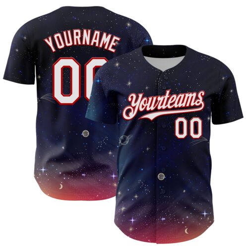 Custom Navy White-Red 3D Pattern Design Space Galaxy Star Authentic Baseball Jersey